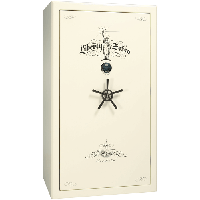 Presidential Series | Level 8 Security | 2.5 Hours Fire Protection | 50 | Dimensions: 72.5"(H) x 42.25"(W) x 27.75"(D*) | White Marble | Black Chrome Hardware | Electronic Lock